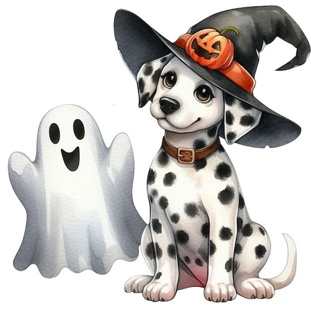 Vector cute dog with halloween ghost clipart watercolor