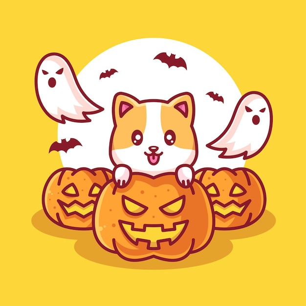 Cute Dog with Pumpkin and Ghosts Halloween Logo Vector Icon Illustration in Flat Style