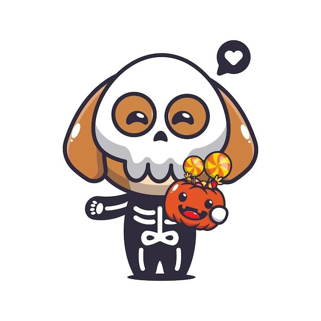 Cute dog with skeleton costume holding halloween pumpkin. 
Cute halloween cartoon illustration.