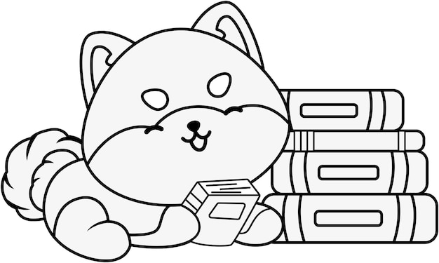 Vector cute dog with a stack of books in black and white coloring