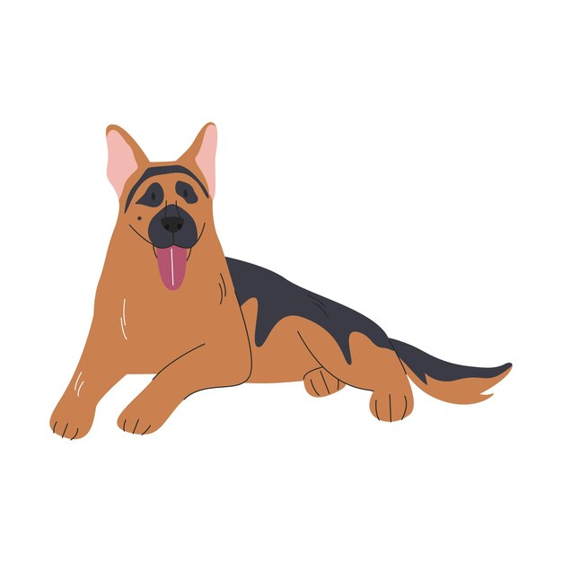 Vector cute dog with tongue out sheepdog breed lying and resting side view german shepherd silhouette