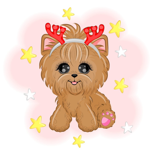 Cute dog Yorkshire Terrier with antlers vector illustration