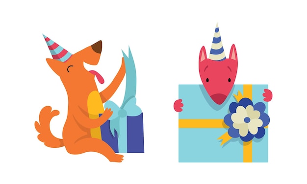 Vector cute doggy character in birthday hat celebrating holiday vector set