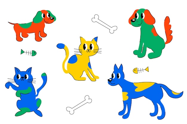 Cute dogs doodle vector set Cartoon dog or puppy characters design collection with flat color in different poses Set of funny pet animals isolated on white background EPS