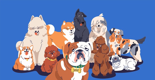 Cute dogs group portrait. Happy doggies, puppies of different breeds posing together. Funny canine animals gang with English Bulldog, Poodle, Corgi, Akita Inu. Isolated flat vector illustration