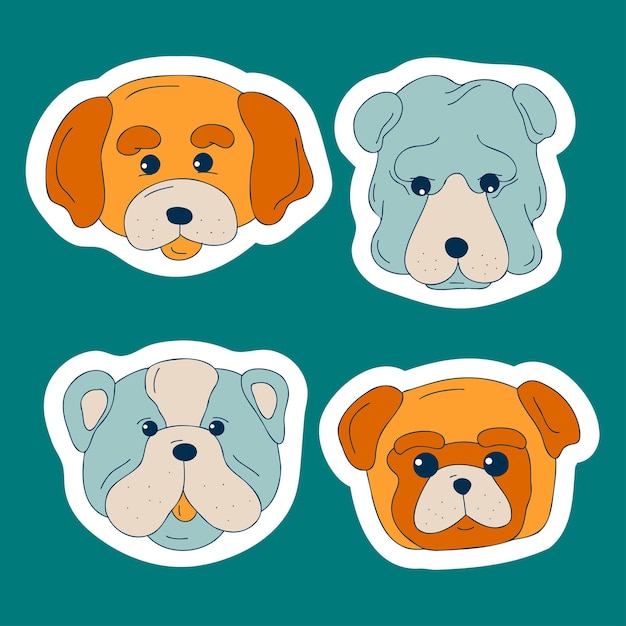 Cute dogs muzzle sticker set Doodle color funny puppy faces Dog heads Different popular dog breeds