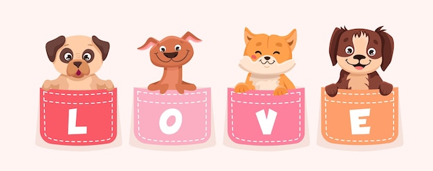 Cute dogs sitting in the pockets with text of love in cartoon vector style Illustration