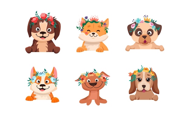 Cute dogs wearing flower crown Puppy portrait set Vector cartoon illustrations