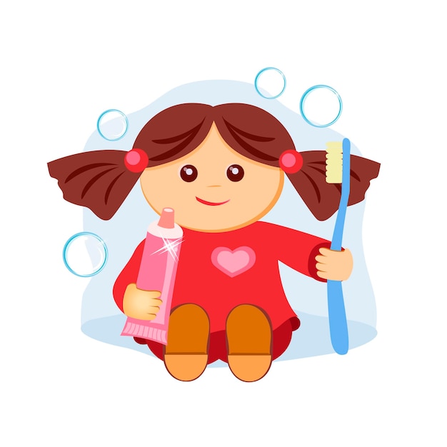 Cute doll with toothpaste and a brush. Brushing teeth for children.