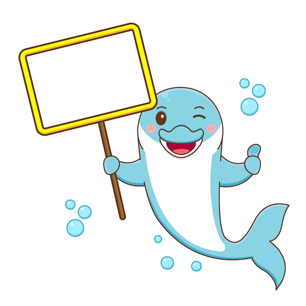 cute dolphin holding empty board cartoon 