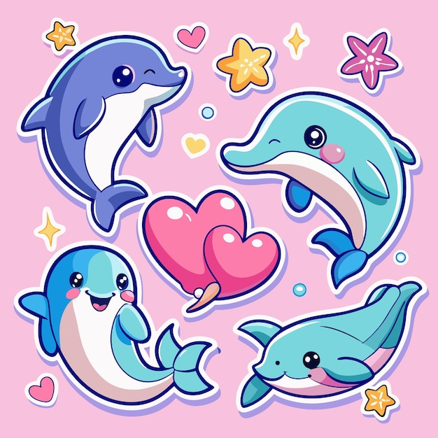 Vector cute dolphin stickers with hearts and stars