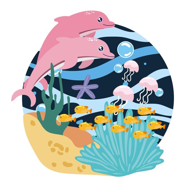 Vector cute dolphins with sea creatures in ocean scene vector