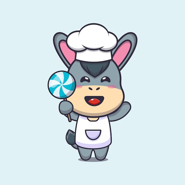 cute donkey chef mascot cartoon character holding candy