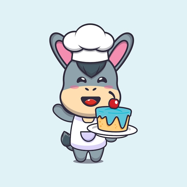 cute donkey chef mascot cartoon character with cake