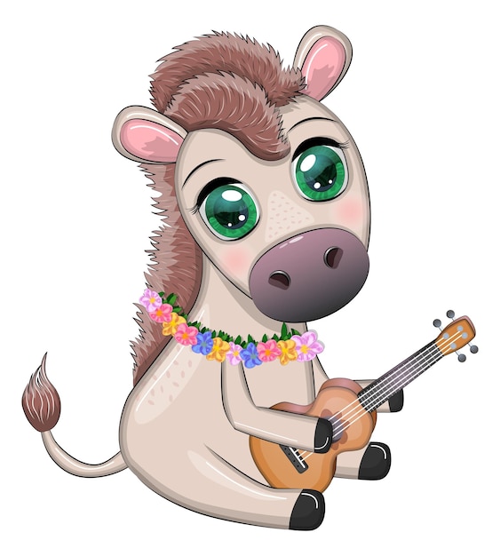 A cute donkey in a flower wreath with a guitar a hula dancer from Hawaii Summer card for the festival travel banner