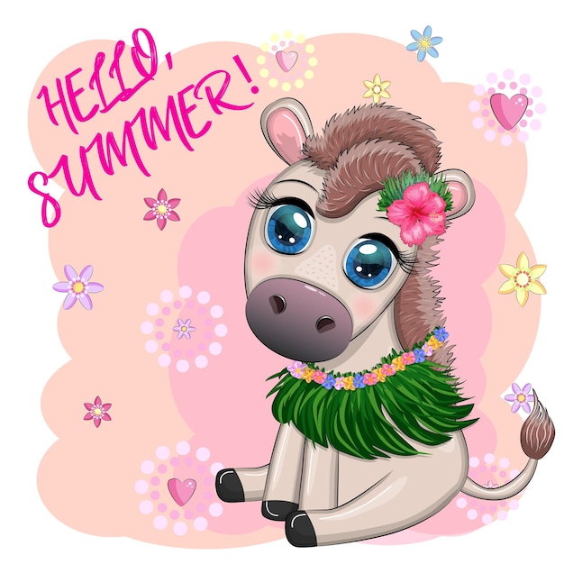 A cute donkey in a flower wreath with a guitar a hula dancer from Hawaii Summer card for the festival travel banner