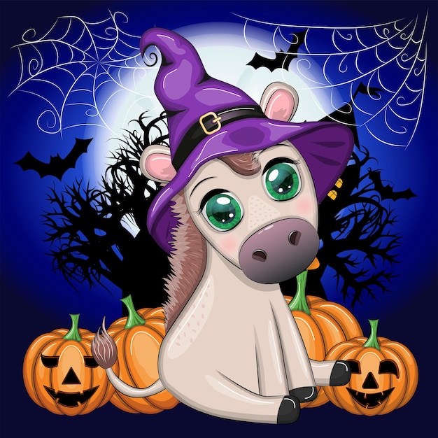 Cute donkey in purple witch hat with broom pumpkin potion Halloween card for the holiday