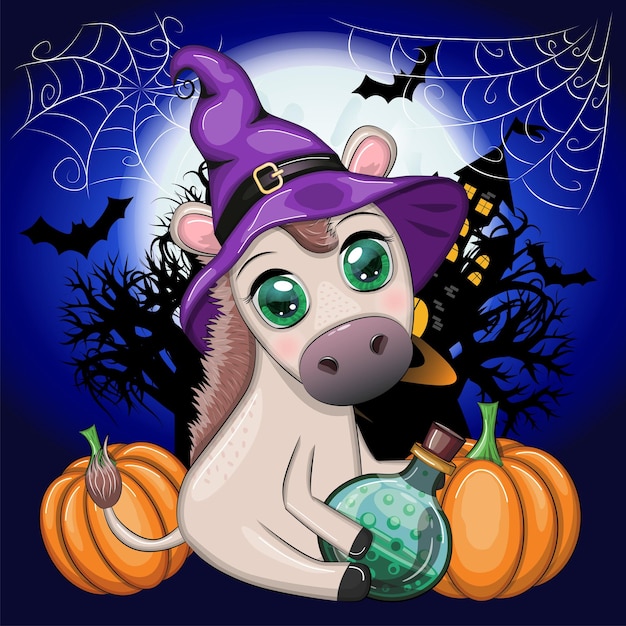 Cute donkey in purple witch hat with broom pumpkin potion Halloween card for the holiday