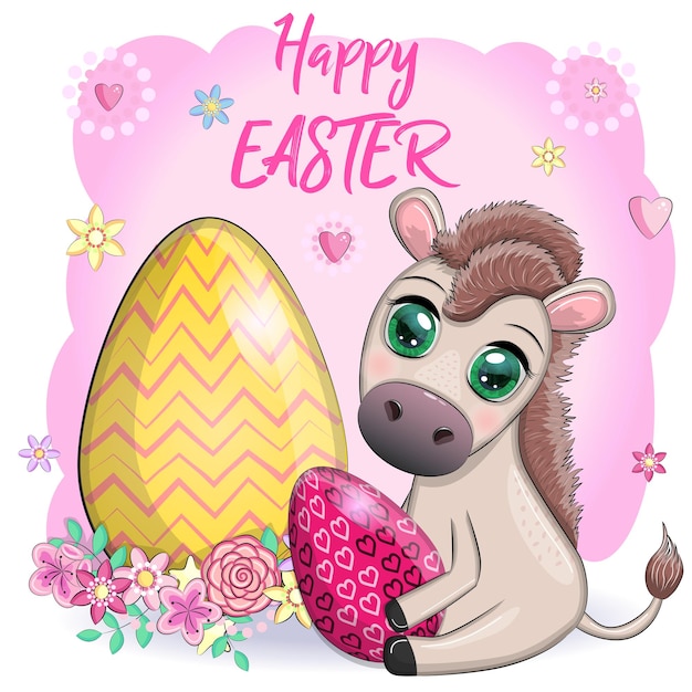 Cute donkey with an easter egg Easter character and postcard