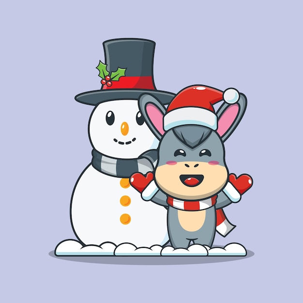 Cute donkey with Snowman Cute christmas cartoon illustration