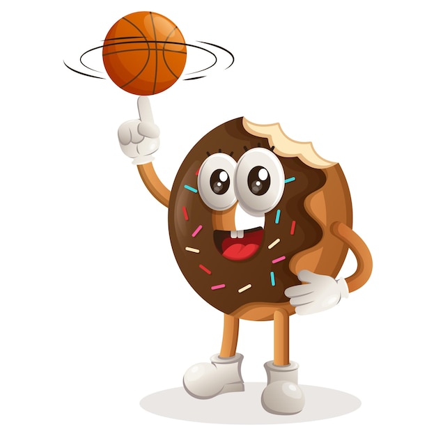 Vector cute donut mascot playing basketball freestyle with ball