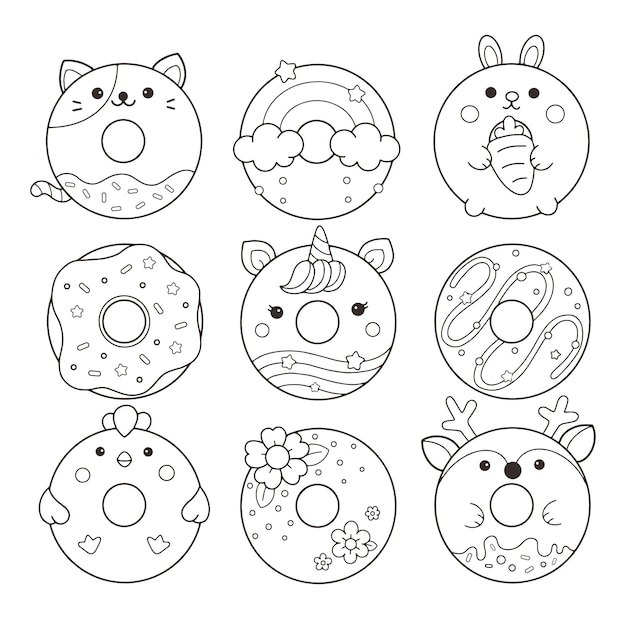 Cute donuts character coloring page