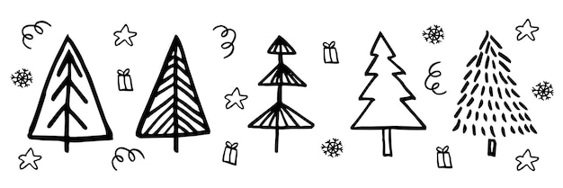 Cute doodle abstract conifer pine fir christmas needle trees collection set