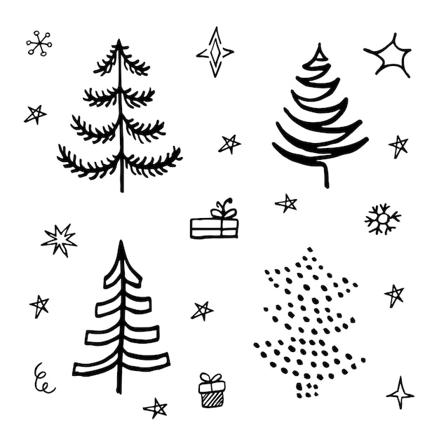 Cute doodle abstract conifer pine fir christmas needle trees collection set