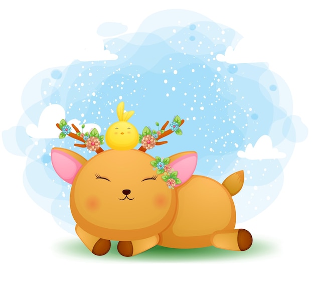 Cute doodle baby deer laying down with little bird  