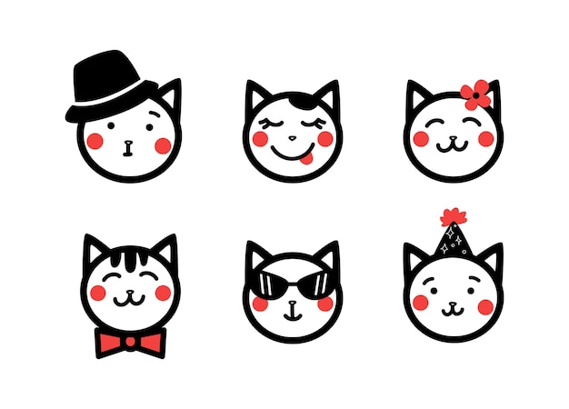 Cute doodle cat portraits Ouutline vector illustration