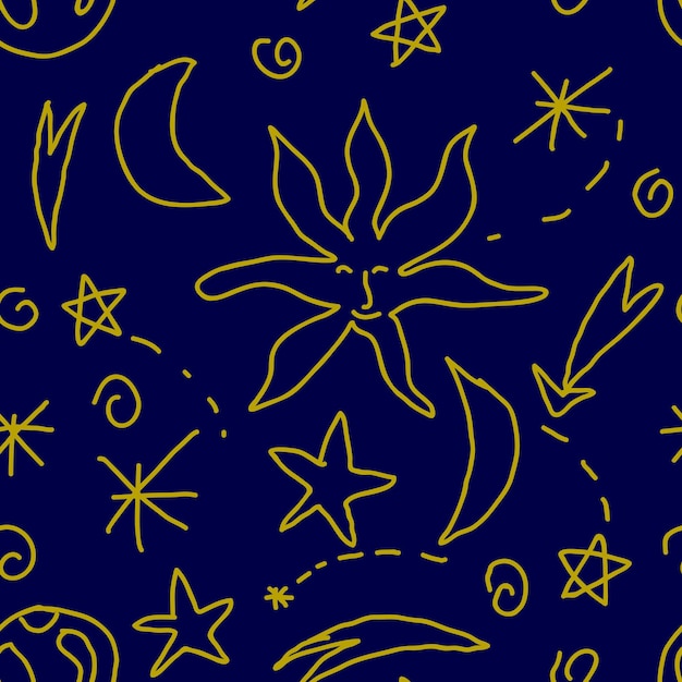 Cute doodle celestial seamless pattern with stars, sun, moon, swirls, planet. Cosmic magical