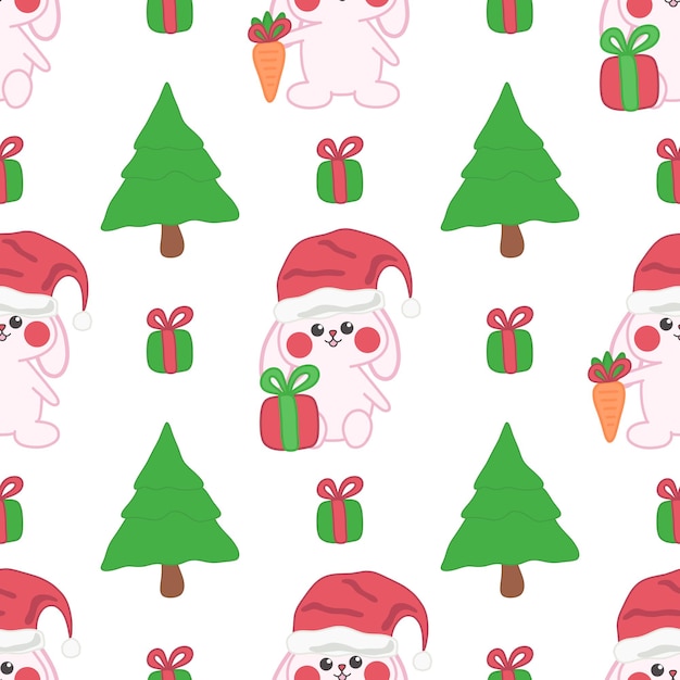 Cute doodle Christmas baby bunny vector seamless pattern