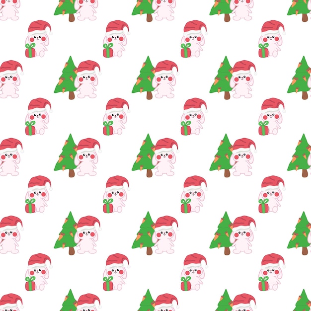 Cute doodle Christmas baby bunny vector seamless pattern