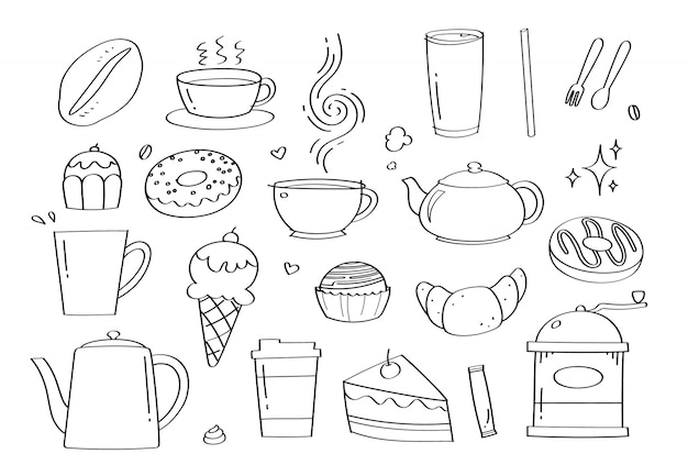 Cute doodle coffee cafe and bakery cartoon icons and objects.