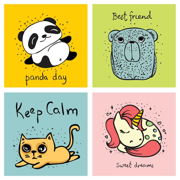 Cute doodle collection Simple design of cute animals birds flowers and other design elements