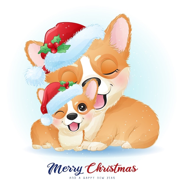 Cute doodle corgi for christmas day with watercolor illustration