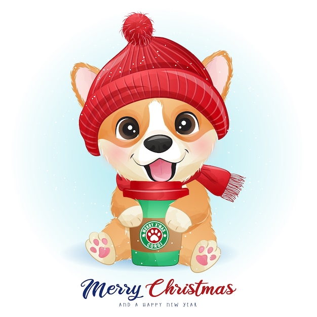 Cute doodle corgi for christmas day with watercolor illustration