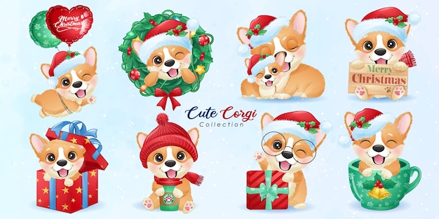 Cute doodle corgi set for christmas day with watercolor illustration