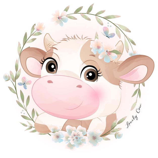 Cute doodle cow baby shower with watercolor illustration