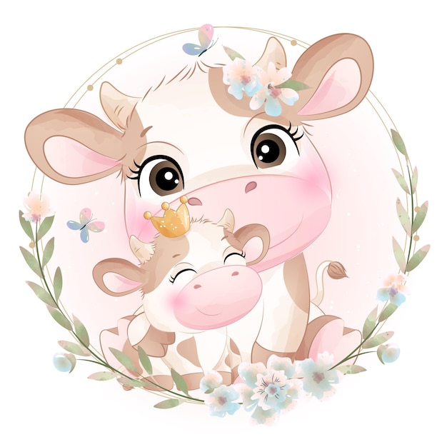 Cute doodle cow baby shower with watercolor illustration