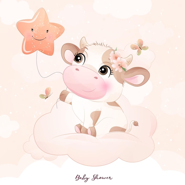 Cute doodle cow baby shower with watercolor illustration