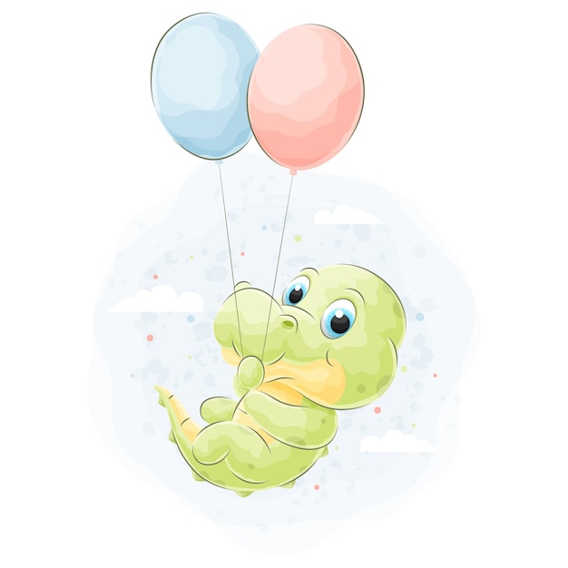 Cute doodle crocodile Flying in the clouds using balloons with watercolor illustration