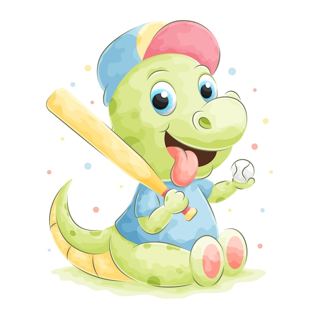 Cute doodle crocodile playing baseball with watercolor illustration