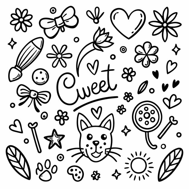 Vector cute doodle designs with hearts flowers and cats