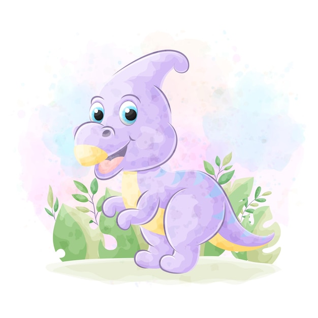 Cute doodle Dinosaur with watercolor illustration