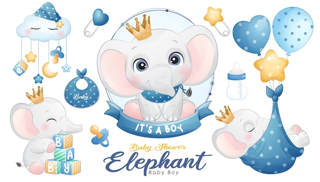 Cute doodle elephant baby shower with watercolor illustration set