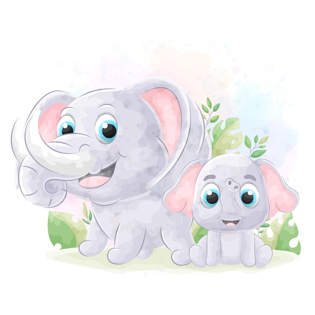 Cute doodle Elephant with watercolor illustration