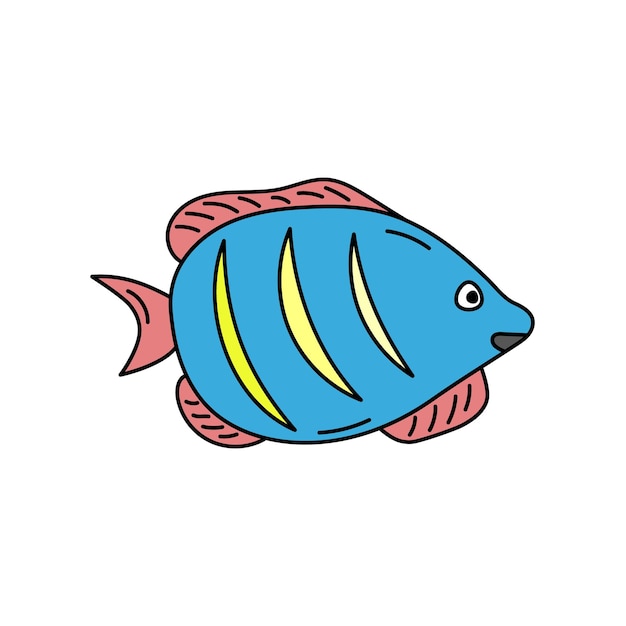 Cute doodle exotic fish Funny colorful fish isolated Vector illustration of cartoon outline sea animal Wild marine life in hand drawn style