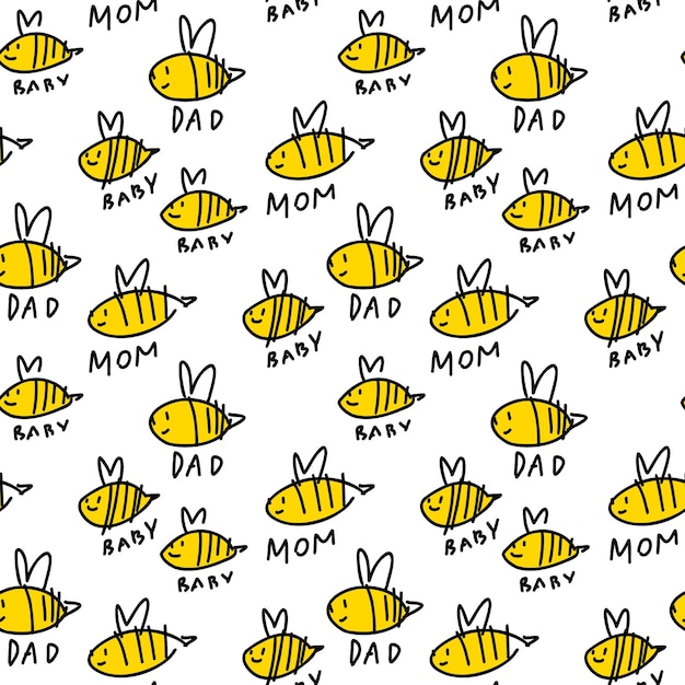 Cute doodle family bee white seamless pattern minimalist hand drawn Summer texture insect textile