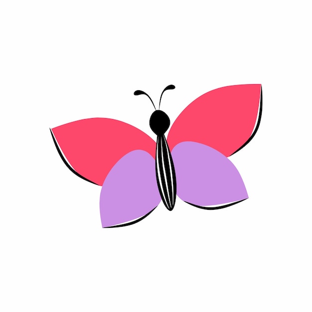 Cute doodle flat butterfly on white background